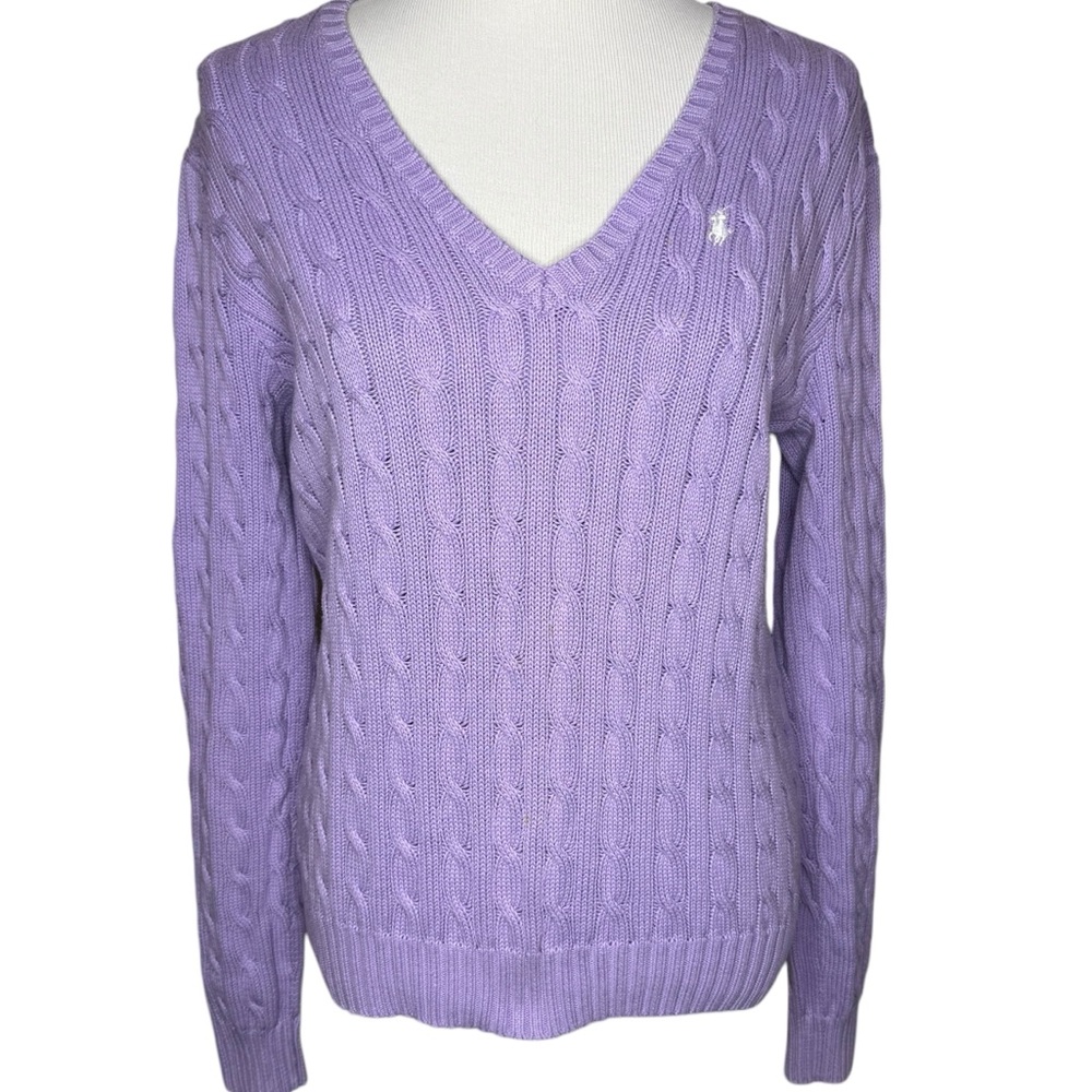 Ralph Lauren Sport Purple Cable Knit Sweater Size XL V Neck Cotton Spring Preppy